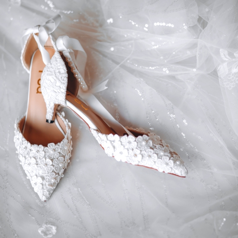 Elegant White Lace Pearl Embellished Satin Bow Ankle Strap Kitten Heels Pump